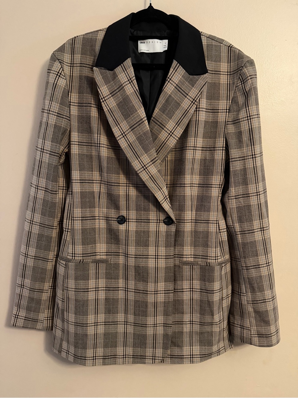 ASOS Plaid Double-Breasted Blazer with Black Collar